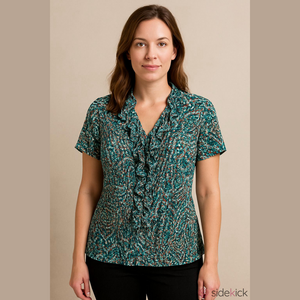 LANE BRYANT CRINKLE BUTTON DOWN W RUFFLES Blue Brown Tunic top Pit to Pit 22"